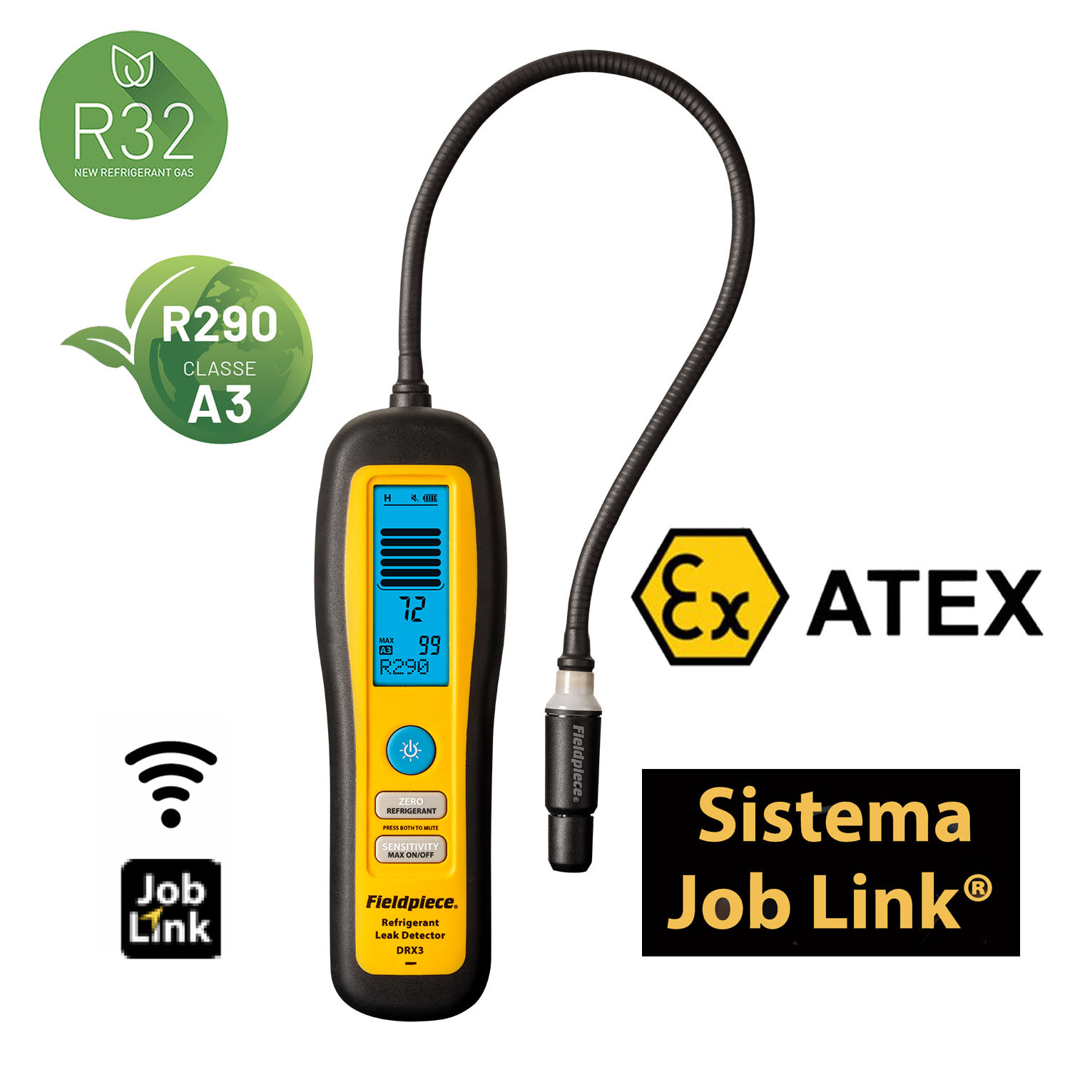 FieldPiece USA - DRX3 - Beheizter Dioden-Kältemittelleckdetektor, ATEX-zertifiziert für alle Kältemittel HFC/HFO, 1234yf, Gasgemisch aus Stickstoff/5 % Wasserstoff - Empfindlichkeit 1 Gramm/Jahr - Kalibrierungsbericht enthalten