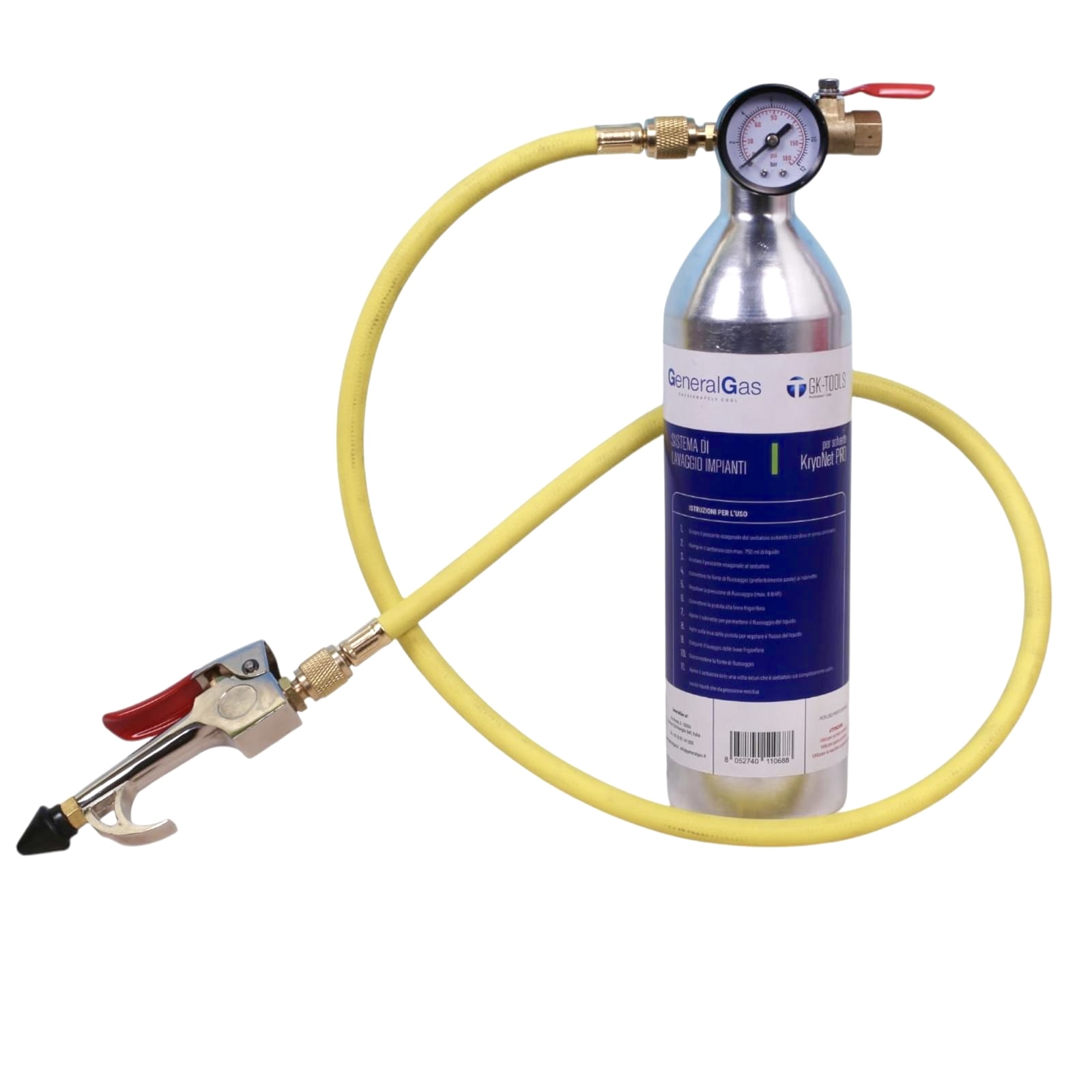 Kälteleitungsspülset, bestehend aus 0,75 l Behälter, Düse, Schlauch, Manometer und Armatur mit Kugelhahn - Packungsgröße 1 Stück