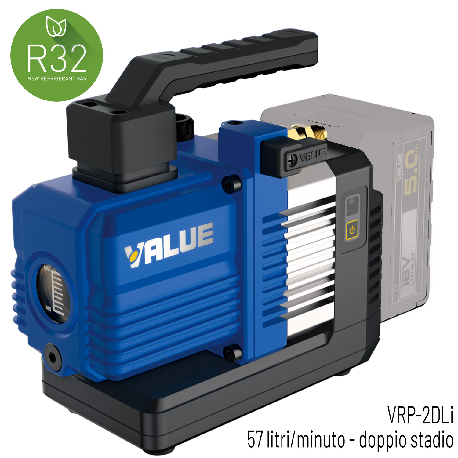VALUE Vakuumpumpe VRP-2DLi – zweistufig, batteriebetrieben (KEINE BATTERIE IM LIEFERUMFANG ENTHALTEN), Durchflussrate 57 Liter/Minute, auch für Kältemittel R32 und A2L geeignet