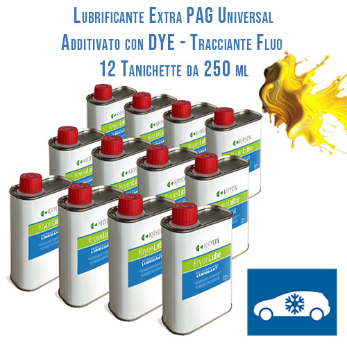 KryonLube EXTRA Universal-PAG-Autoschmiermittel für R134a und R12434yf mit fluoreszierendem Farbstoffzusatz – 12 Stück Metallkanister à 250 ml.