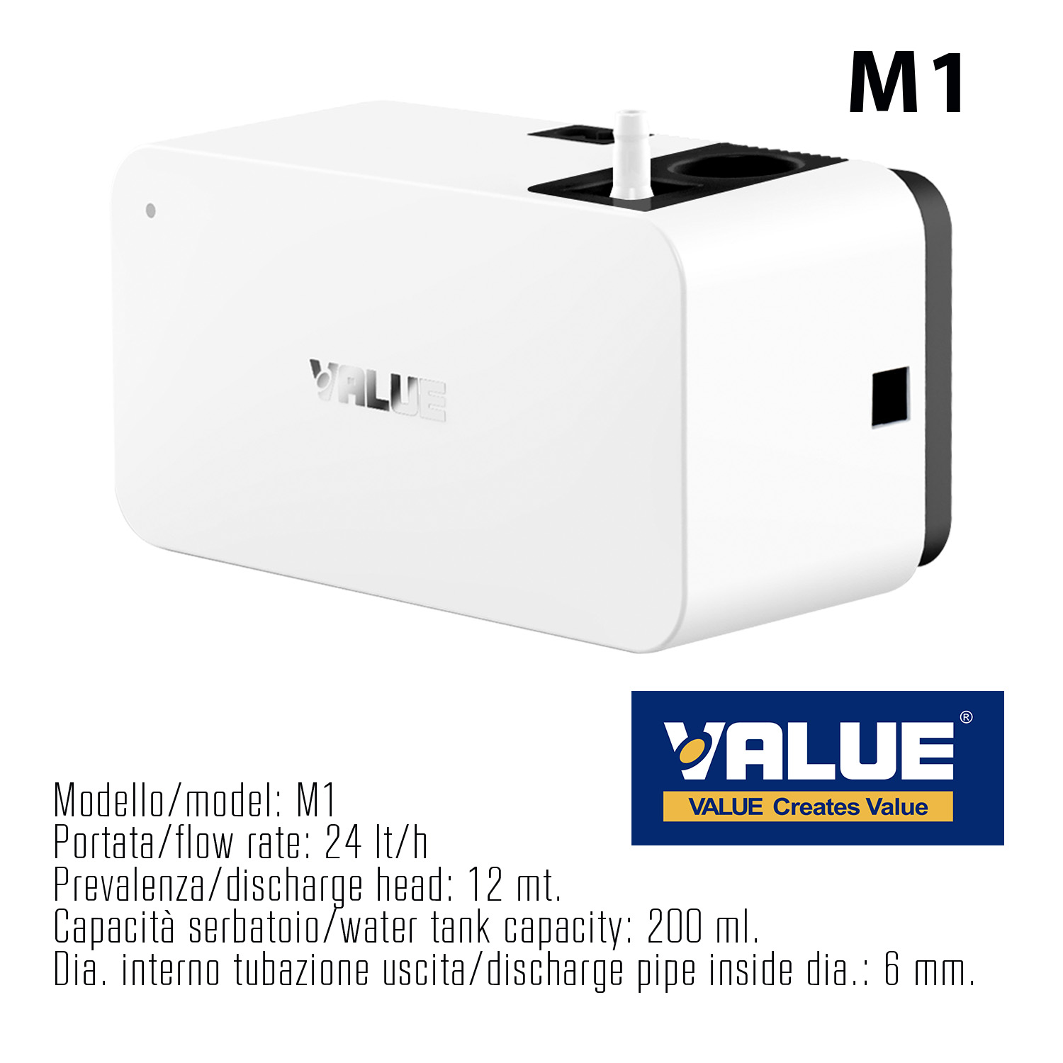 Kondensatpumpe mit 200 ml großem Tank – VALUE M1 – maximale Förderleistung 24 Liter/Stunde, geeignet für Split-Geräte bis 30.000 BTU/Stunde (8,8 kW), kompakt und vielseitig einsetzbar, leise und robust.