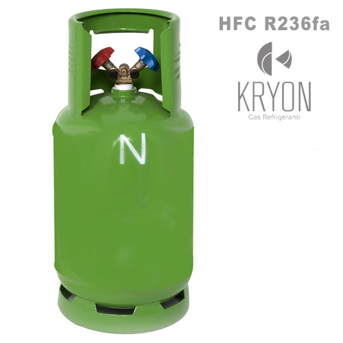 R236fa regeneriert (Kältemittel) in Yield Tank 13 Lt - 15 Kg - Doppelauslassventil ¼ SAE rechts (Flüssigkeit + Dampf)