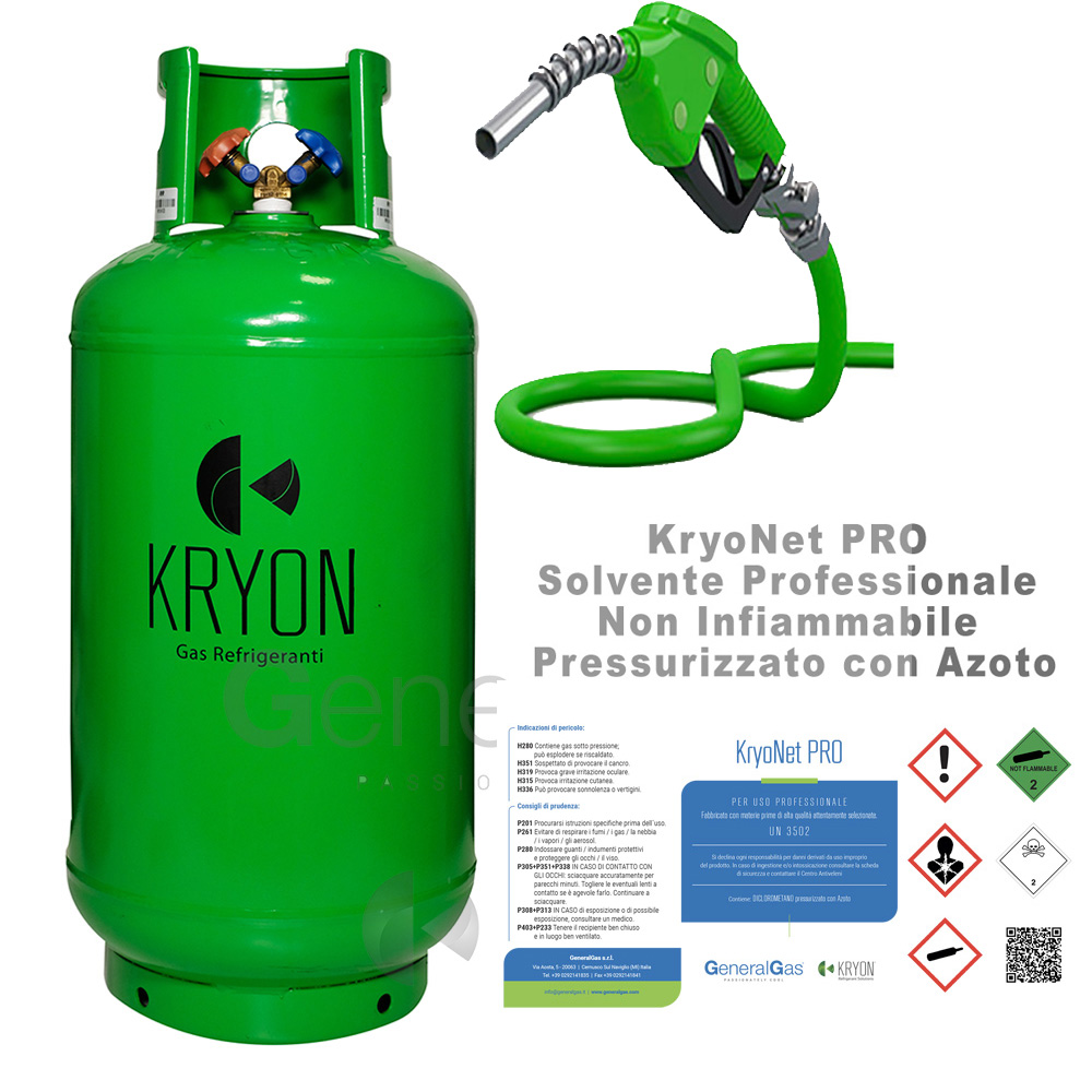 GK-Lab KryoNet PRO (sola ricarica, bombola non compresa) solvente uso professionale, non infiammabile, per impianti A/C e refrigerazione, pressurizzato con azoto, in bombola da  40 litri - 30 kg