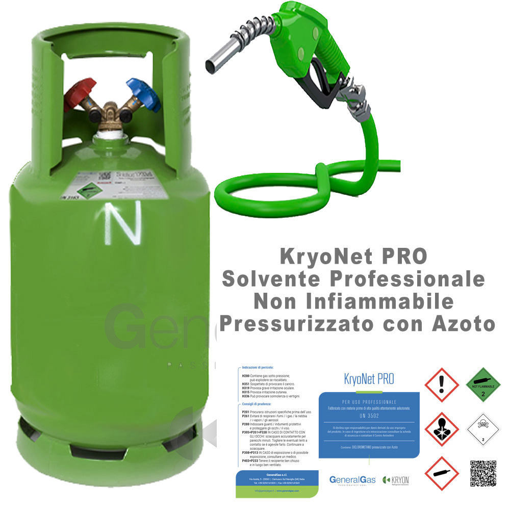 GK-Lab KryoNet Pro (solo ricarica, bombola non compresa) solvente uso professionale, non infiammabile, per impianti A/C e refrigerazione, pressurizzato con azoto, in bombola da 13 litri - 10 kg