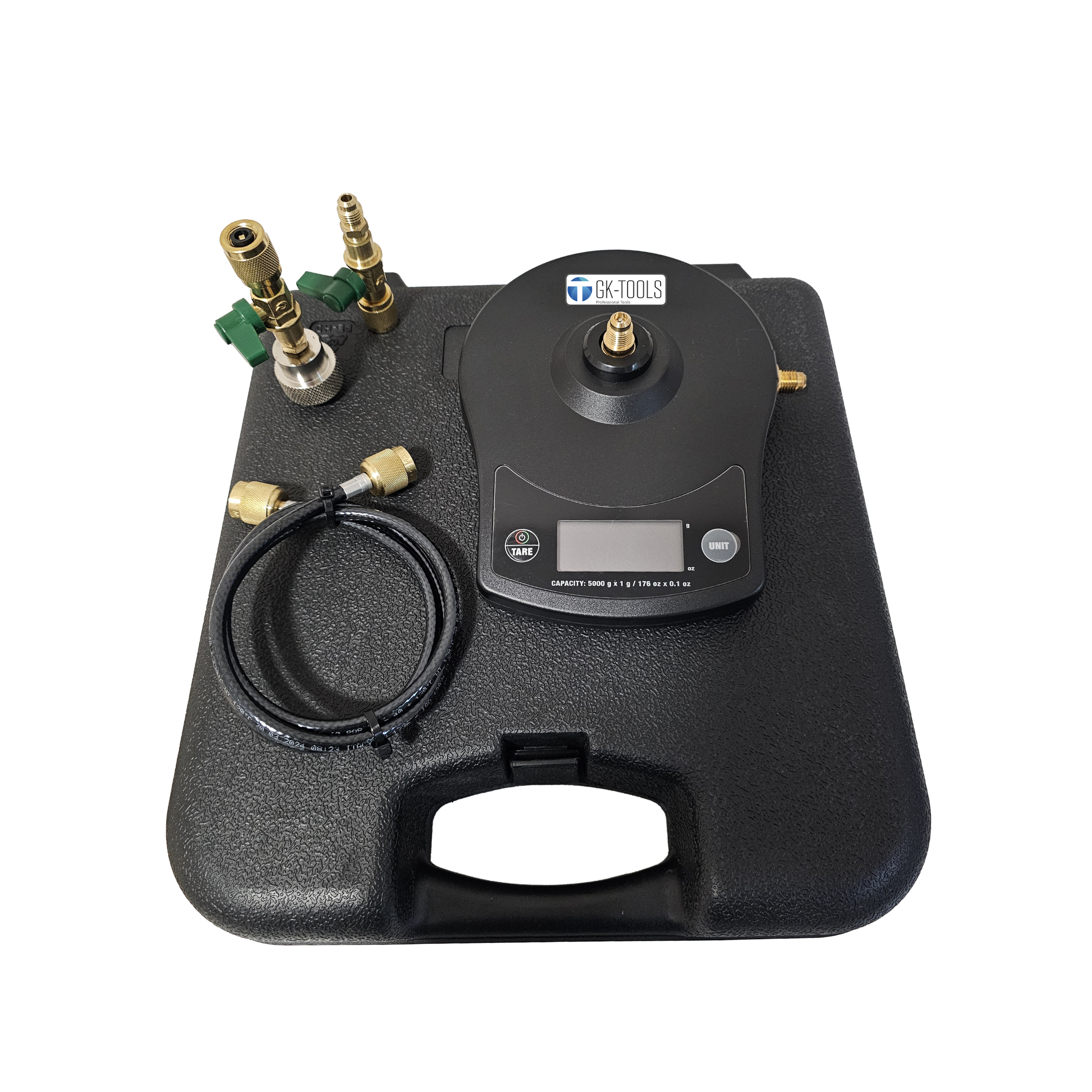 GK-Tools hochpräzise Nachfüllwaage für Kältemittelgase mit Kunststoffgehäuse, Fassungsvermögen 5 kg +/- 1 Gramm, komplett mit 7/16