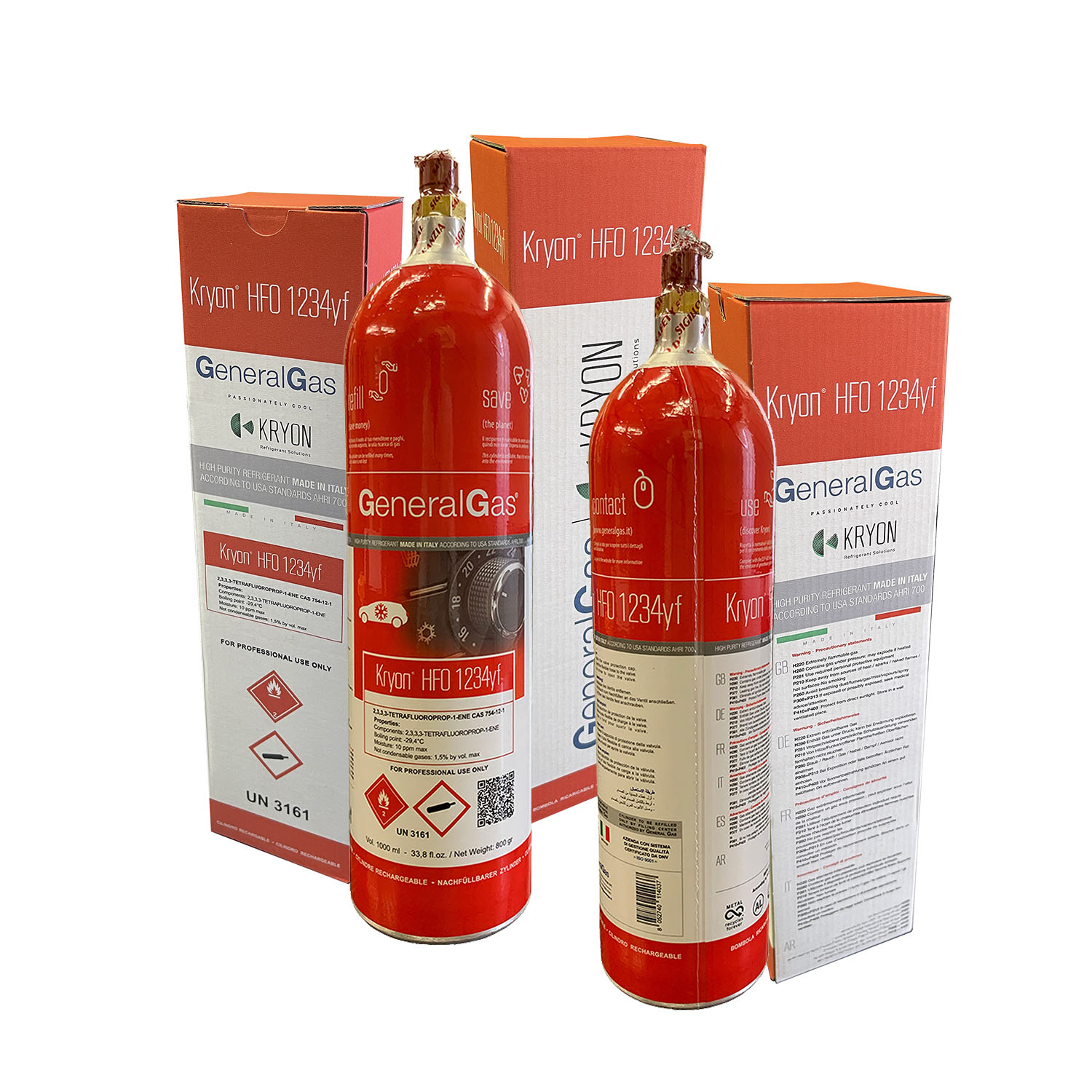 1234yf Kryon® HFO yf - bombola alluminio 1,1 Lt / 1 Kg - 48 Bar T-PED ricaricabile - valvola ½ ACME LH