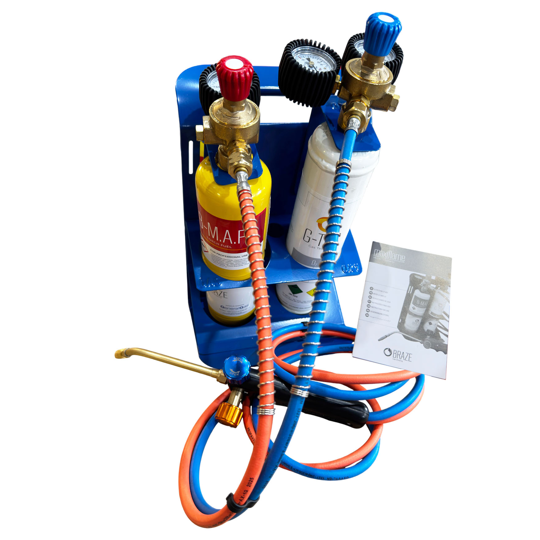 MAXIFLAME Kit saldobrasatura professionale con riduttori pressione e manometri - bombola ossigeno e bombola MAP (temperatura fino a 3.100 °C)